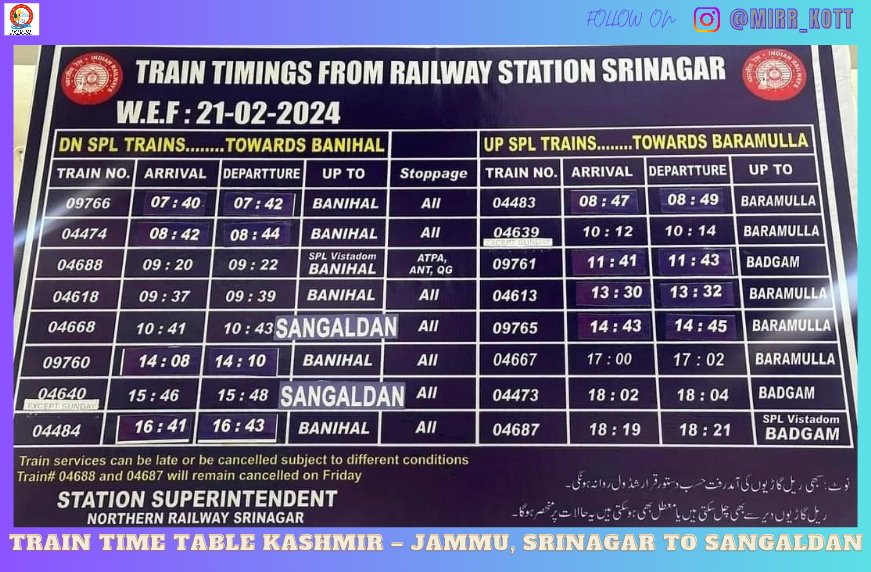 Train Time Table Kashmir