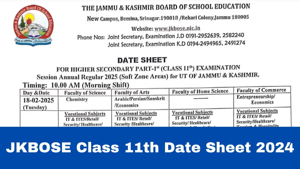 JKBOSE Class 11th Date Sheet 2024