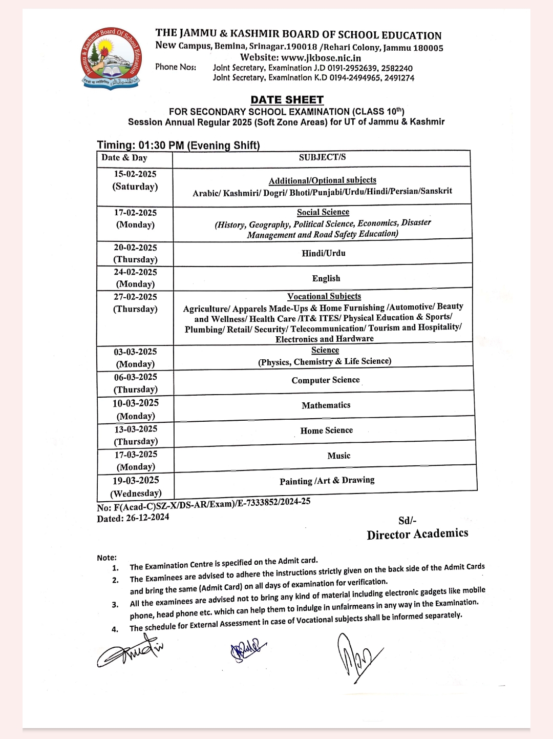 JKBOSE 10th Class Datesheet 2025