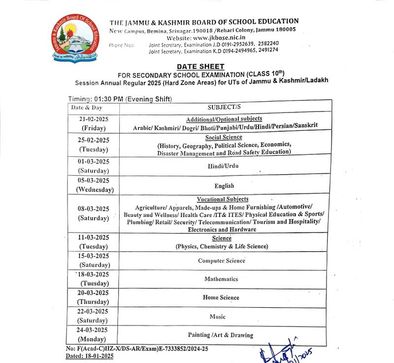 JKBOSE 10th Datesheet 2025